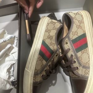 Gucci Beige and Brown Sneakers with Green and Red Stripe